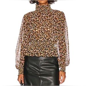 MINKPINK Mira Floral Shirred Smocked Blouse Black Gold Sz S Boho Cottagecore